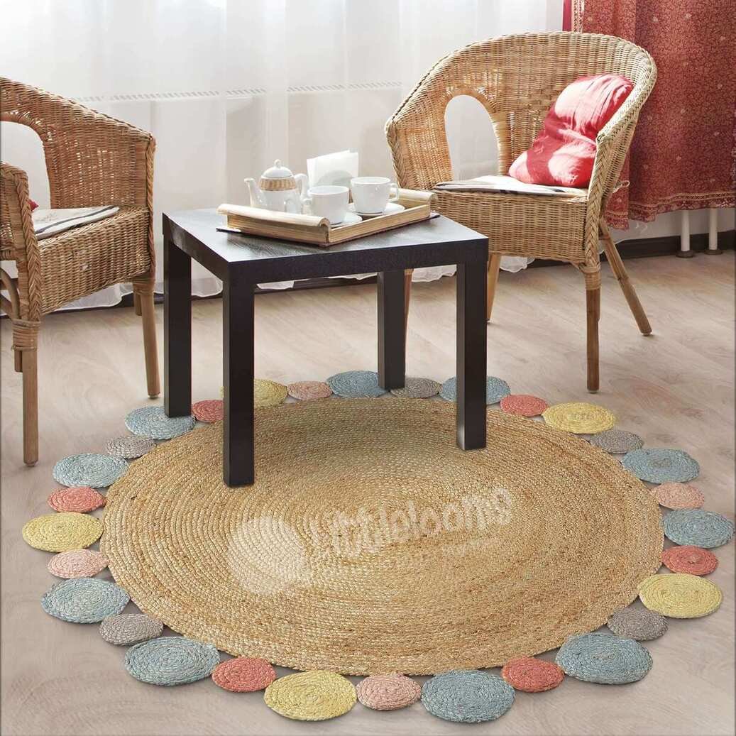 Jute rugs, Round rugs, Round jute rug, Living room rugs, Kids room rugs, Flooring ideas, Round mats, Jute carpet, Jute mat, Littlelooms, Stylish carpets, Designer carpets, Casual area rugs, Beige and white rugs, Natural rugs, Shop rugs, Online rugs