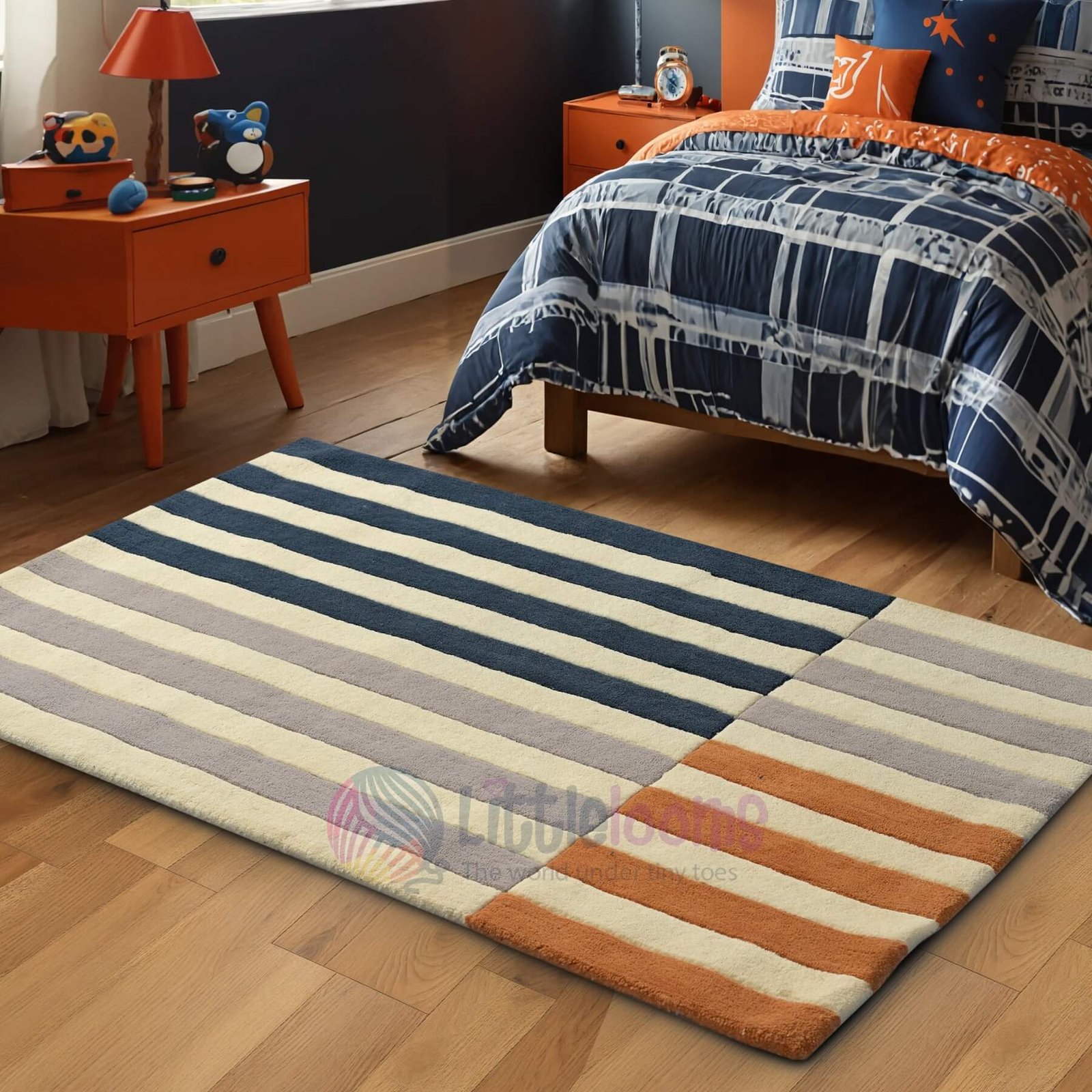 Striped Blue Orange Playroom Rug