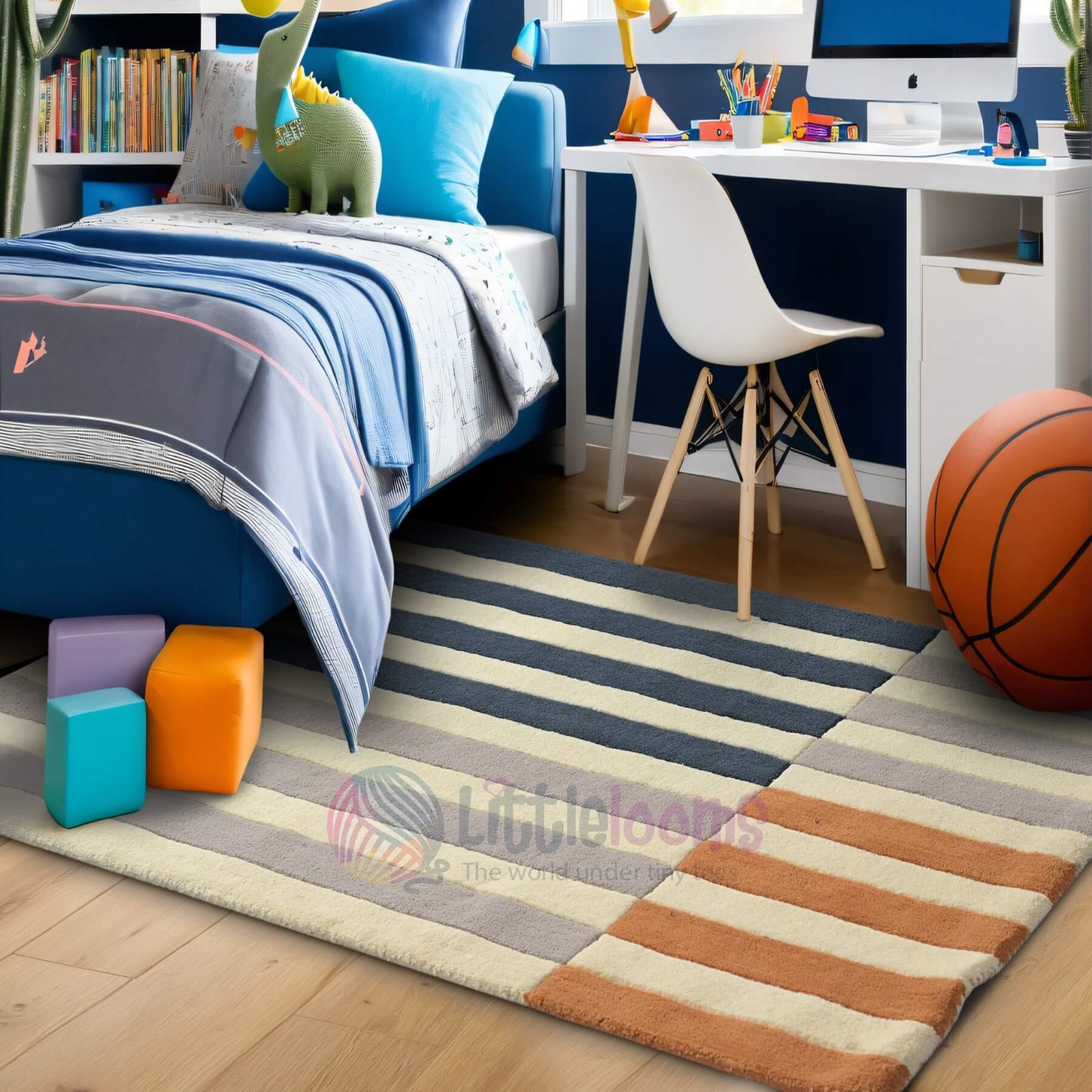 Striped Blue Orange Playroom Rug - Image 4